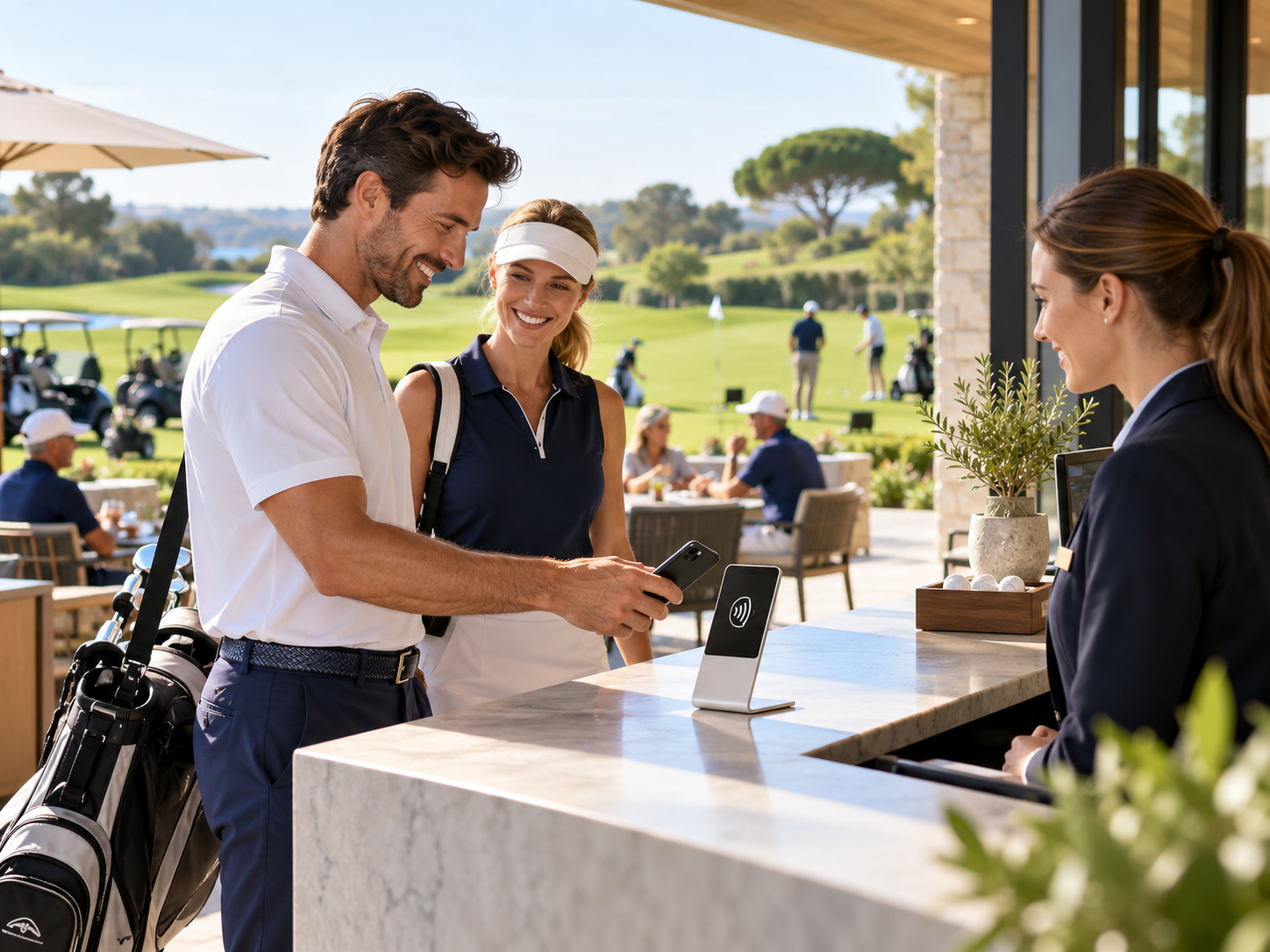 Golfclub-Mitglieder nutzen einen VicoDesk am Clubhaus